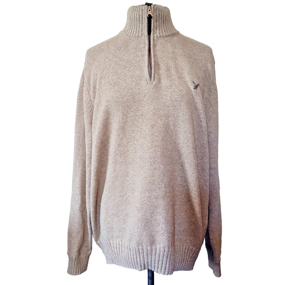 American Eagle Men's XL 1/4 Zip Sweater Logo Mock Neck Pullover Beige AE